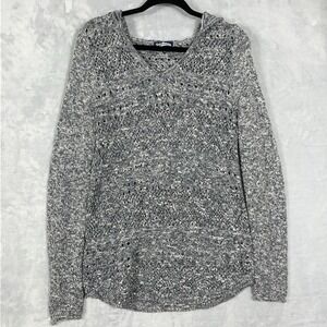 Freshman Sweater L Blue White Hoodie Long Sleeve Open Knit V-Neck Tunic Y2K